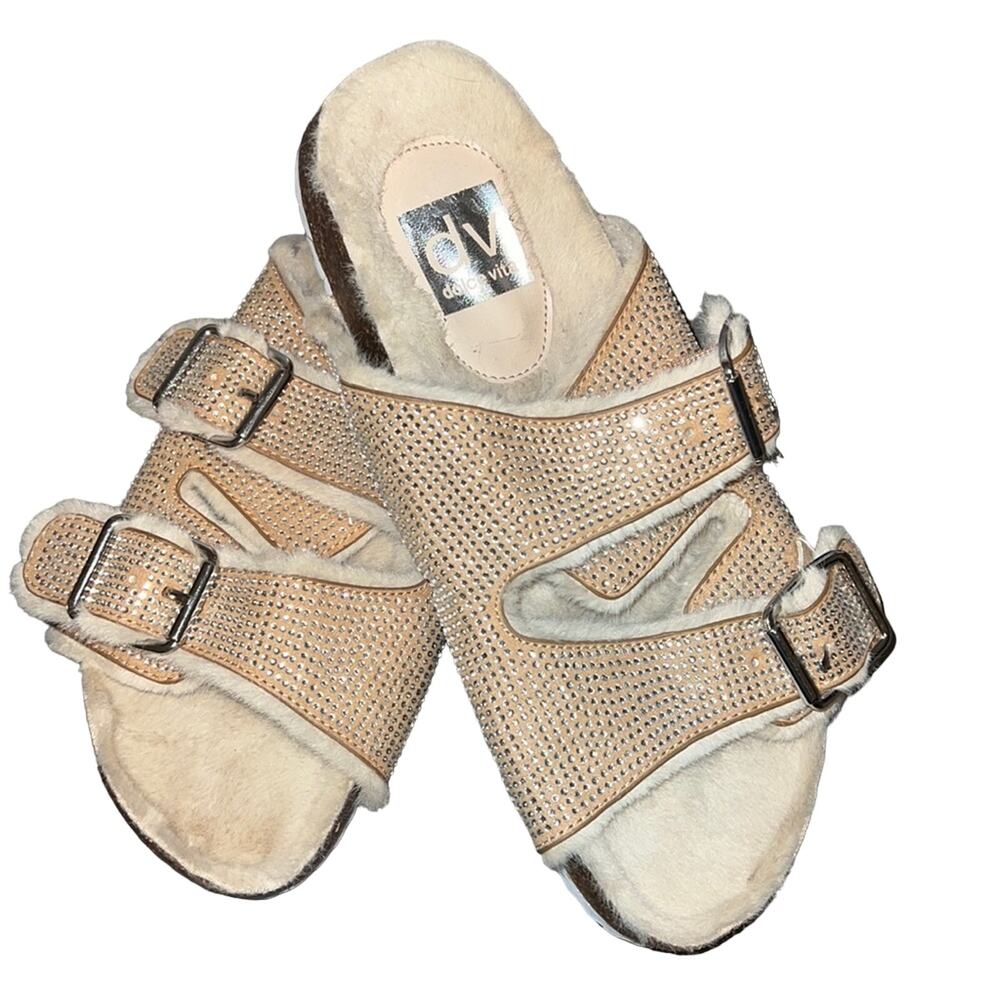 DV Dolce Vita Women's Bonita Fuzzy Fur Shimmer Slide Sandals Beige Size 7.5 NWOB